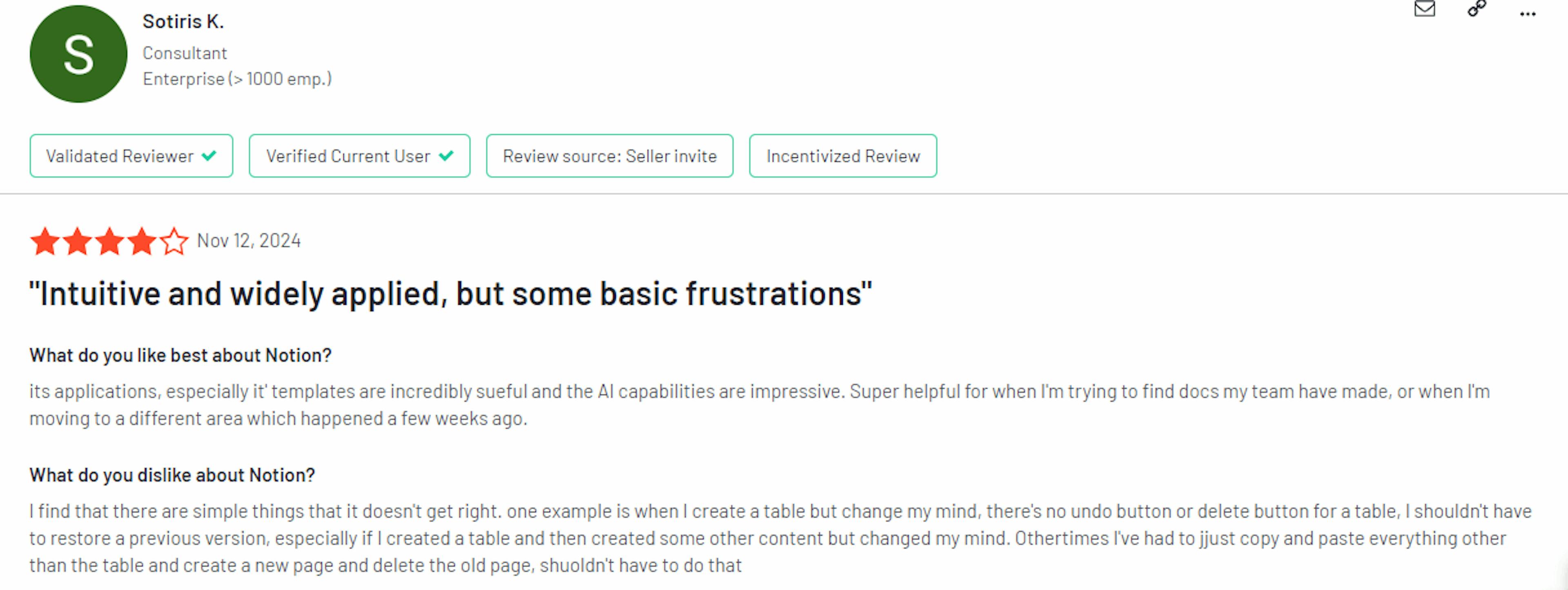 The image showcases a review left by one of the Notion users.