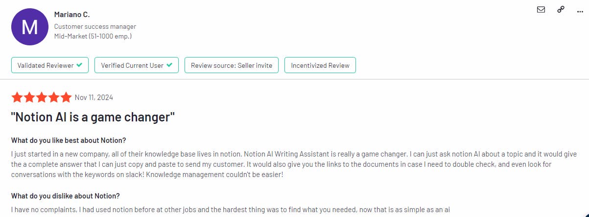 The image showcases a review left by one of the Notion users.