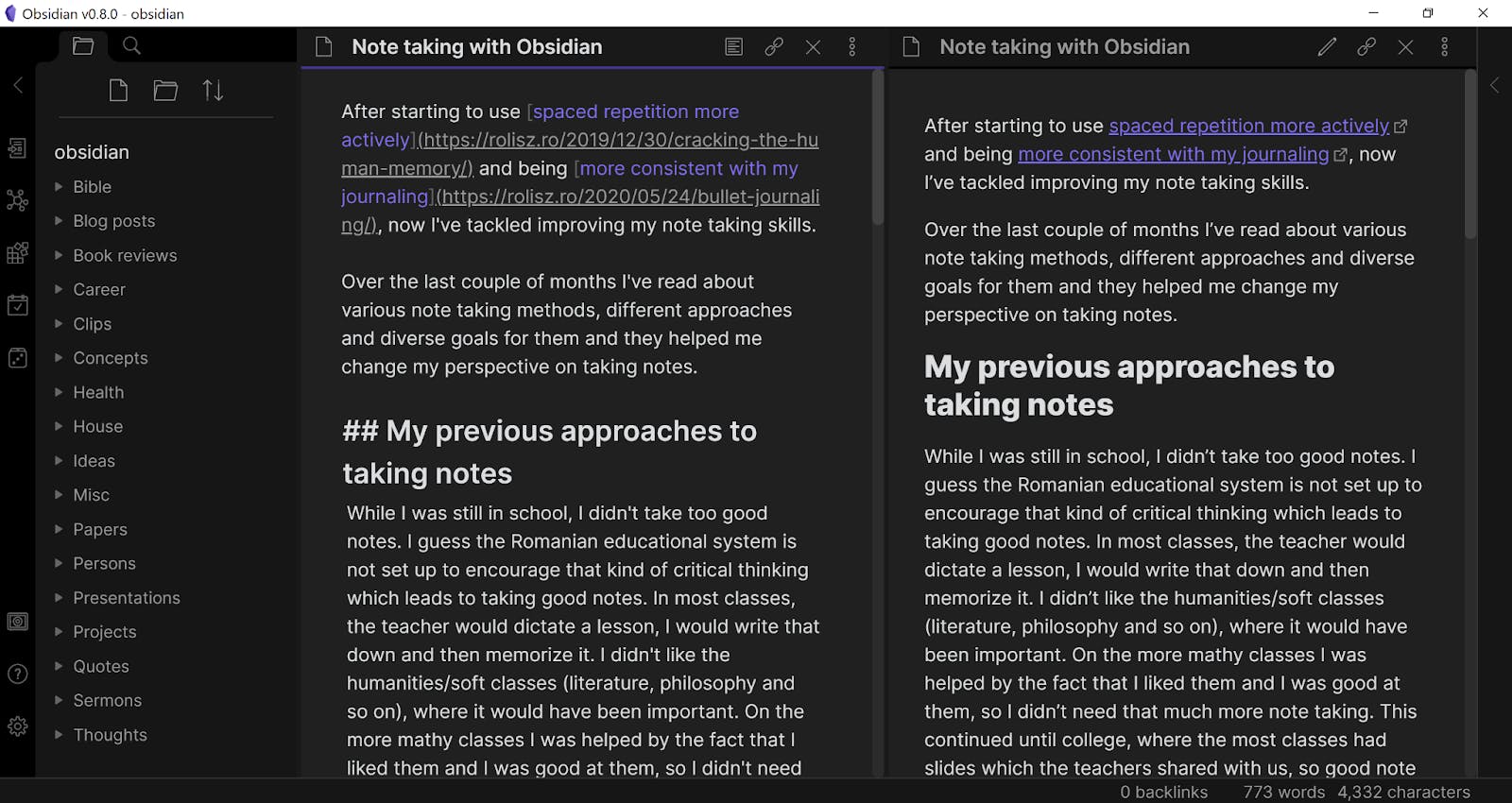 The image showcases the process of taking notes on Obsidian.