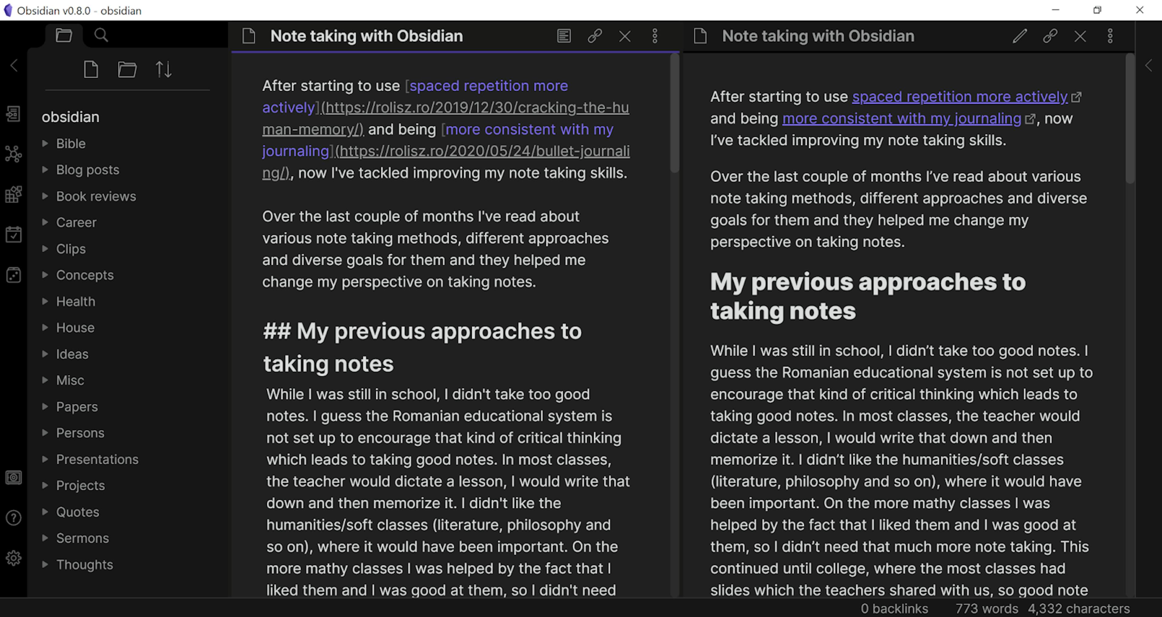 The image showcases the process of taking notes on Obsidian.