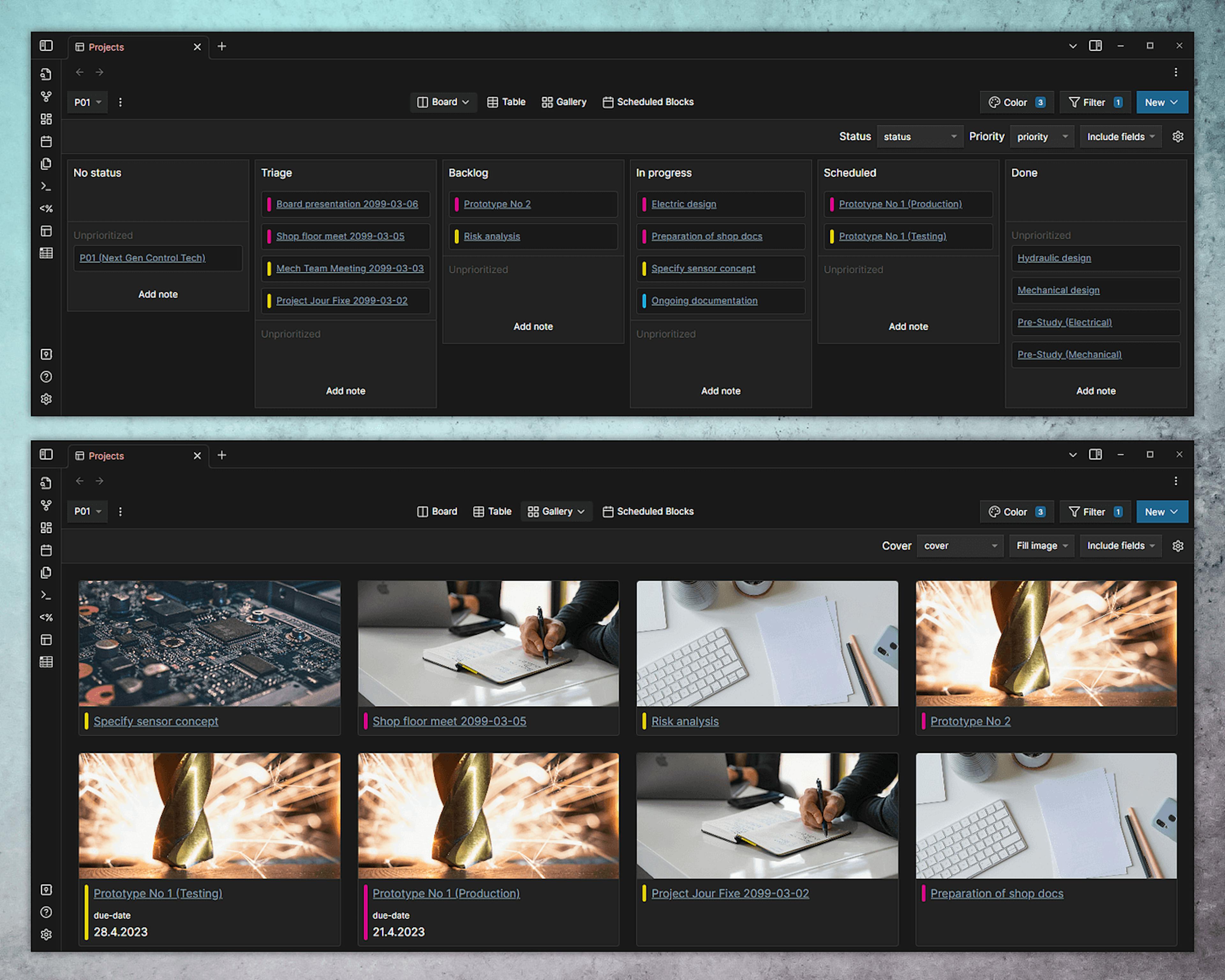 The image showcases the project management process and features on Obsidian.