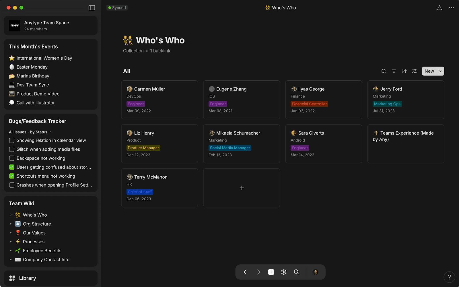 This image shows Anytype's desktop dashboard.