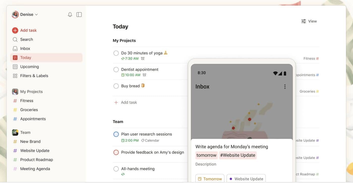 A screenshot of the Todoist app - it is an image for the article "Goal Planner: 7 Best Goal Planners To Achieve Your Goals