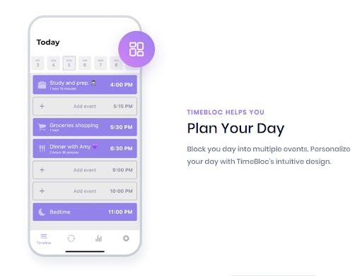 A screenshot of the TimeBloc app - it is an image for the article "The Best Weekly Planner: 7 Simple Apps To Boost Organization"
