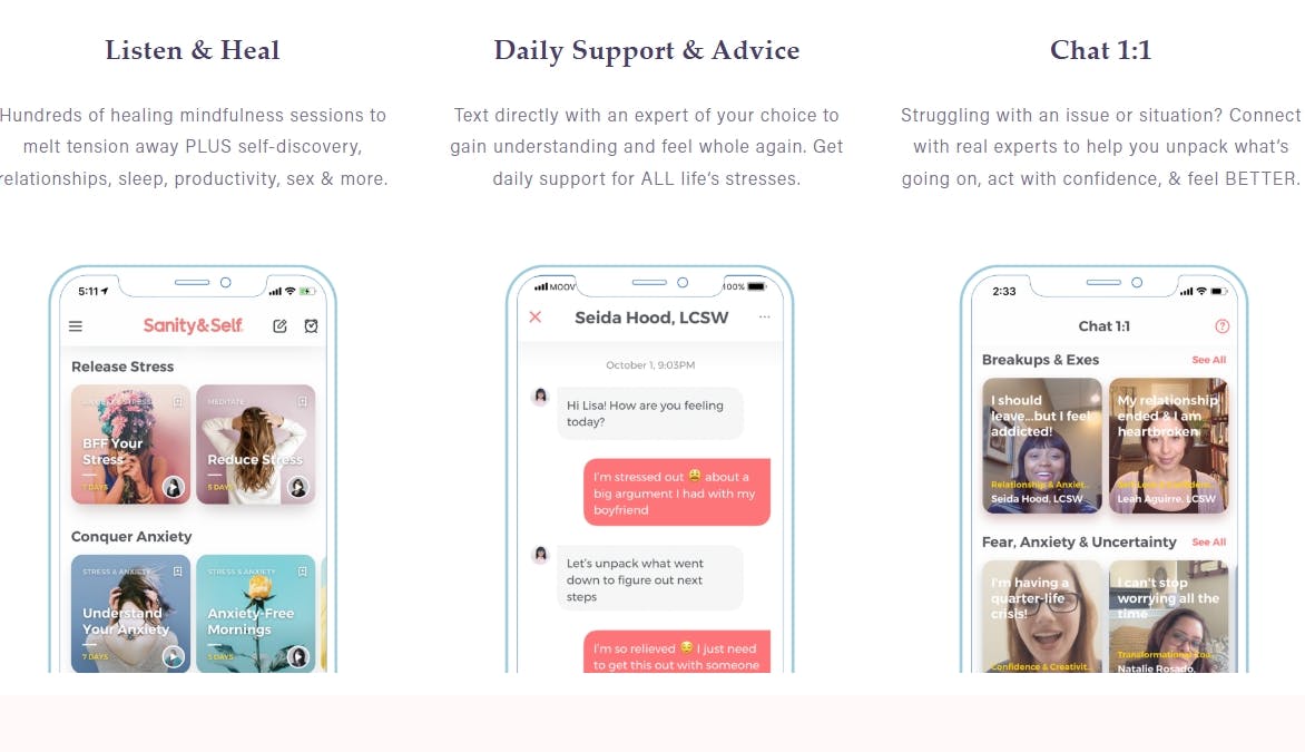 A screenshot of the Sanity & Self app - it is an image for the article "Self Care Journal: 6 Best Apps for Self-Care and Wellbeing"