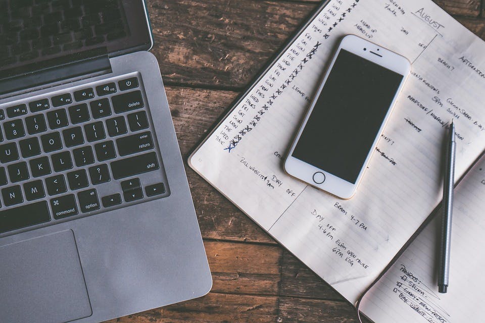 An image of a phone on a notebook next to a laptop - it is the main image for the article "Yearly Planner: The Top 5 Best Yearly Planners Ever"