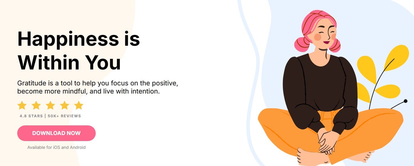 A screenshot of the Gratitude app - it is an image for the article "5 Minute Journal: 7 Journals That Make Journaling Easy"