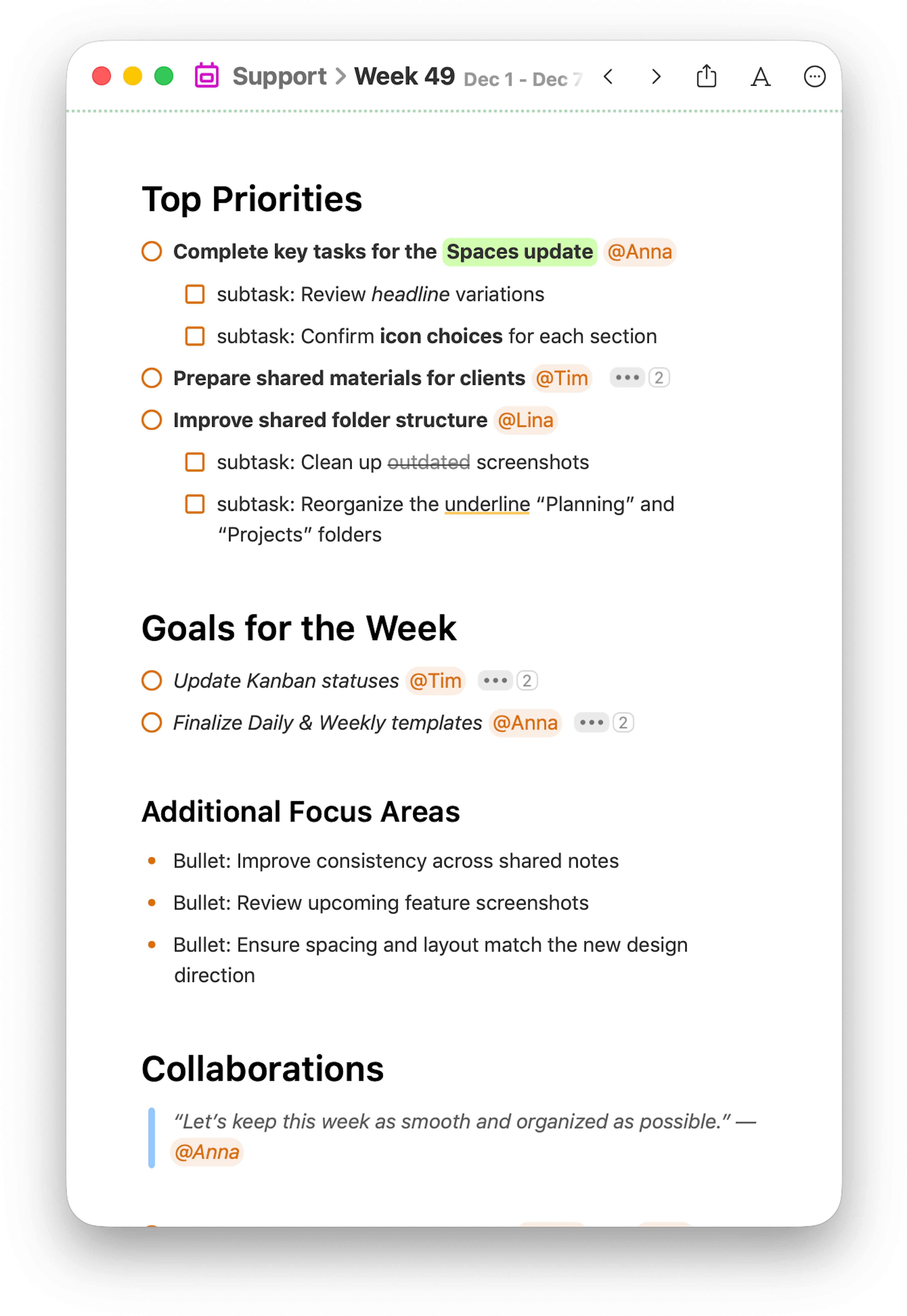 weekly space example