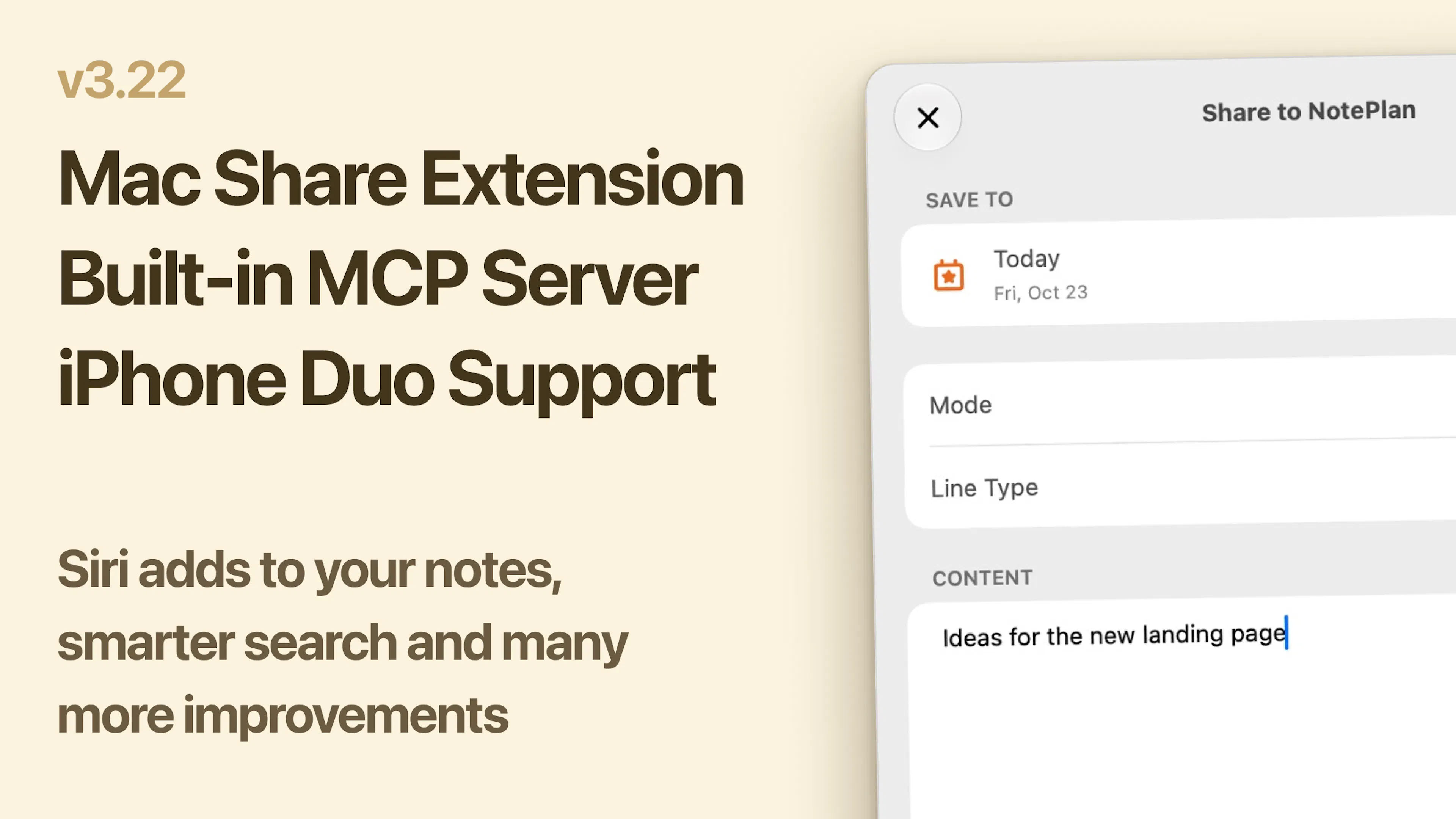 NotePlan 3.22: Mac Share Extension, built-in MCP server and iPhone Duo support