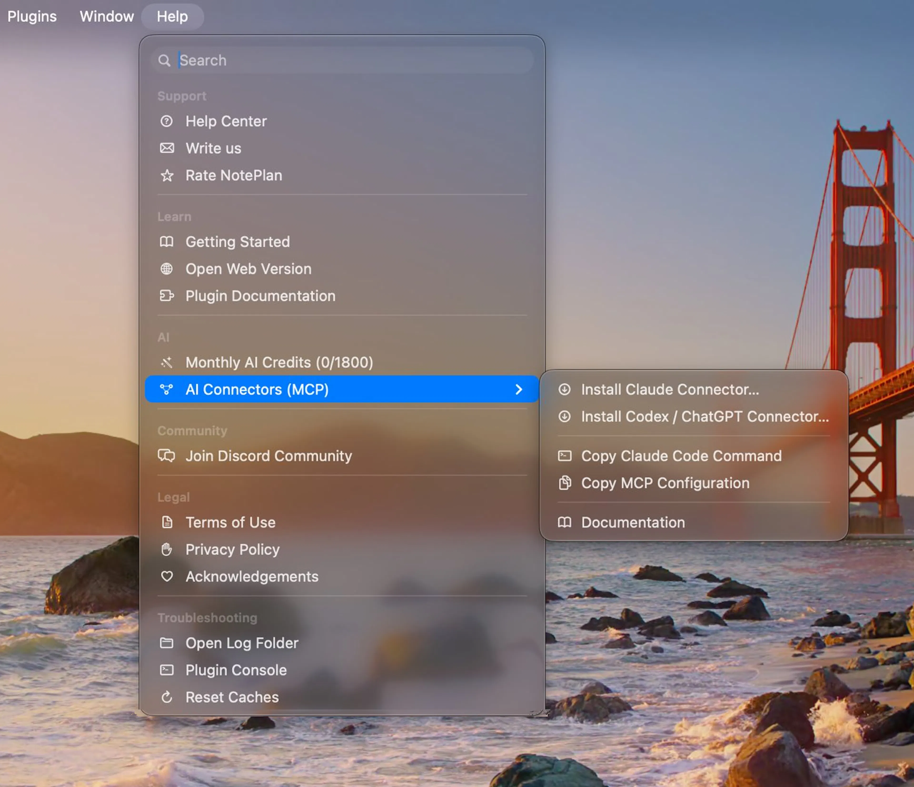 Help menu with the AI Connectors (MCP) submenu on Mac