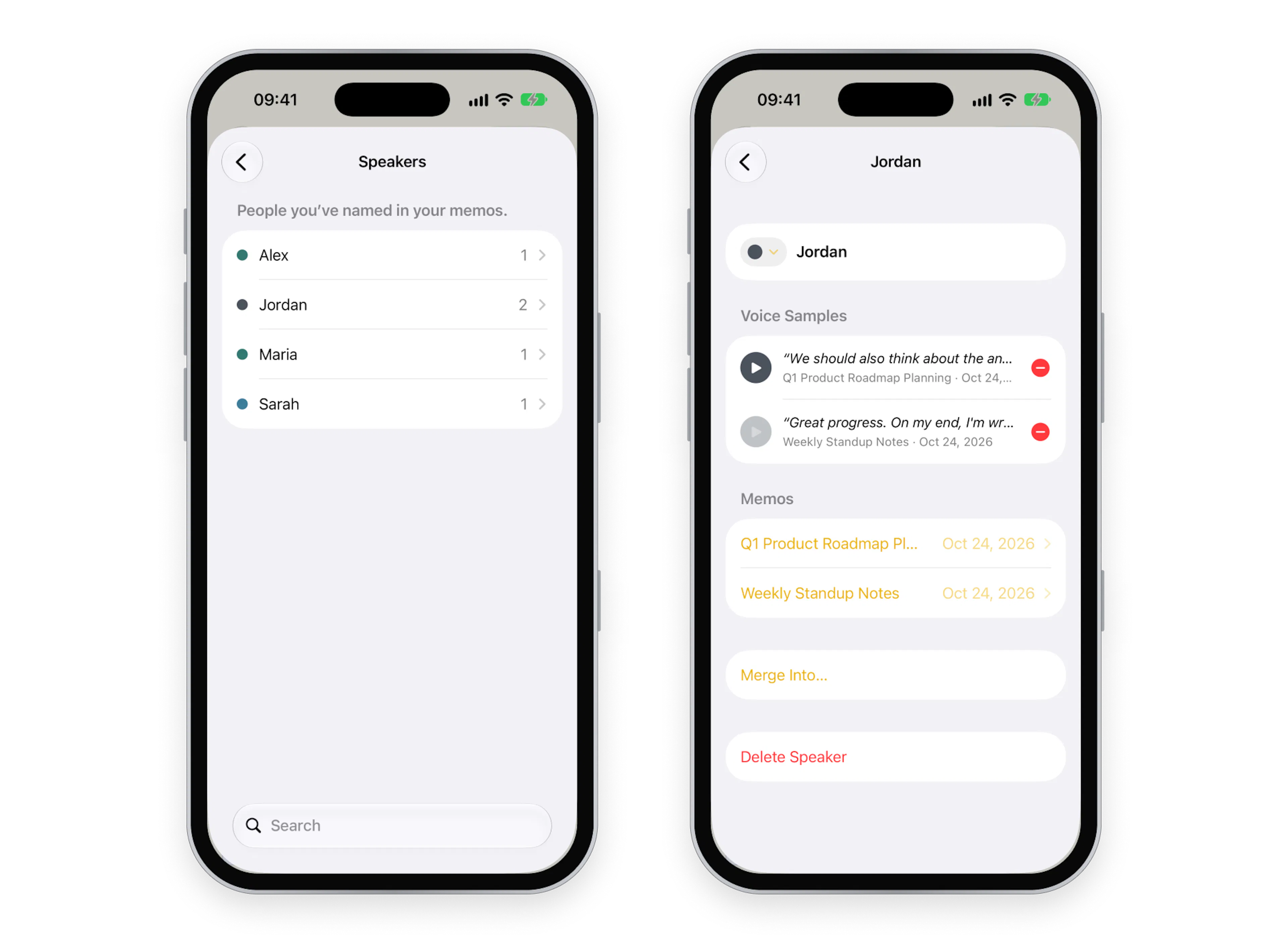 Memo AI on iPhone: Settings, Speakers with the named people, and a speaker's page with color, voice samples, Merge Into and Delete Speaker