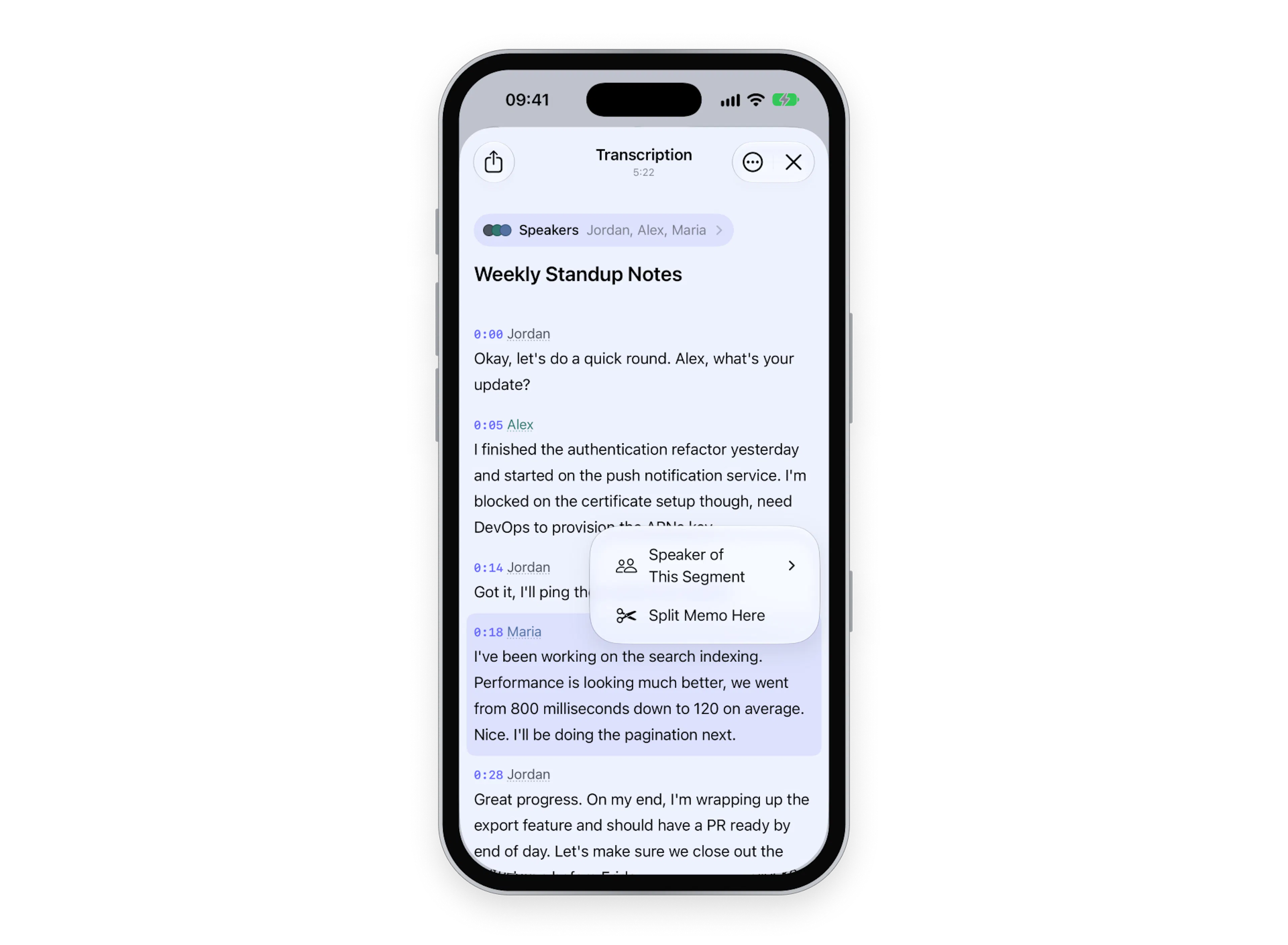 Memo AI on iPhone: the segment menu in the transcript with Split Memo Here