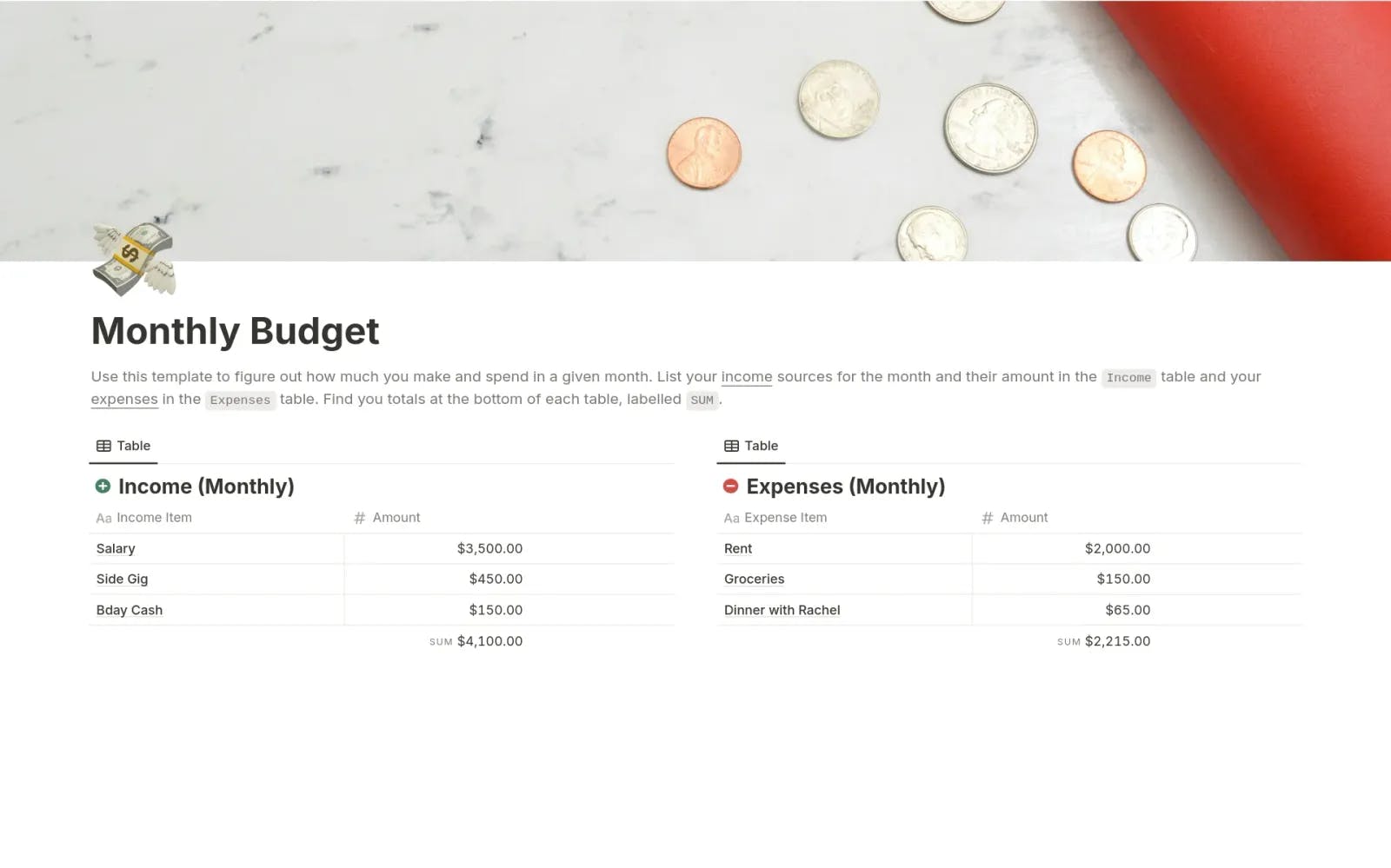 Monthly buget - budget template by Notion