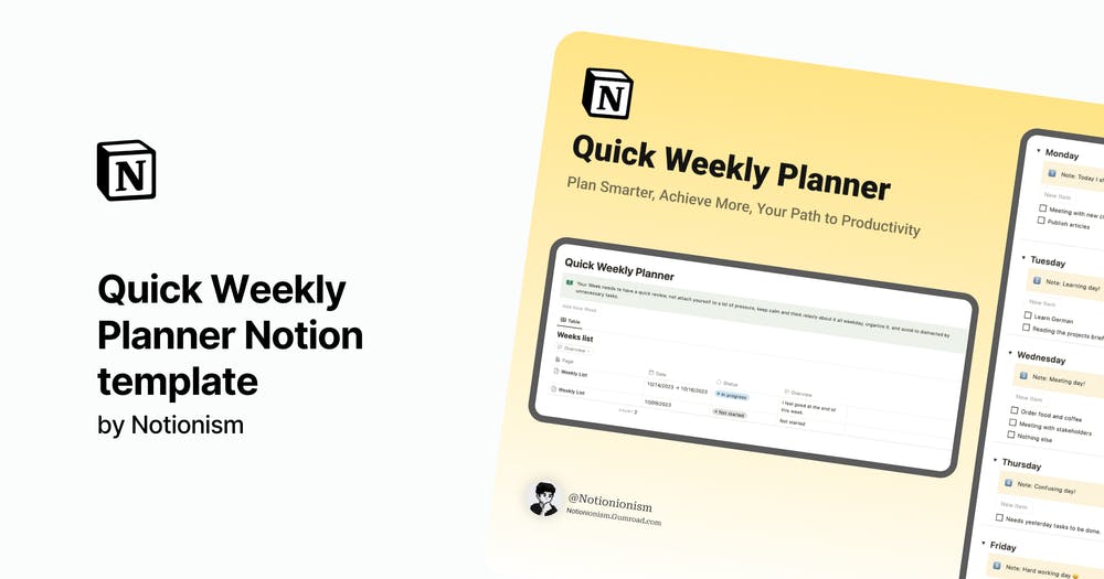 Quick Weekly Planner Notion template by Notionism