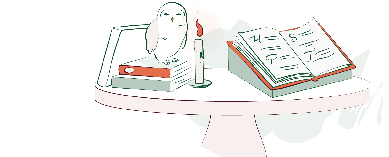 An illustration of a cozy reading spot with a circular table and flickering candle. A snowy owl perches on a stack of books. A book is propped open and the printed type spells out, "HPST"