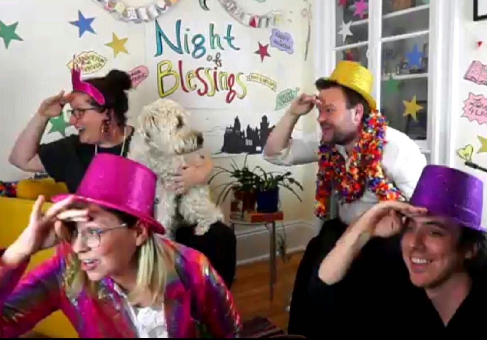 A colorful photo of the HPST staff wearing brightly-colored hats and looking like they're having fun