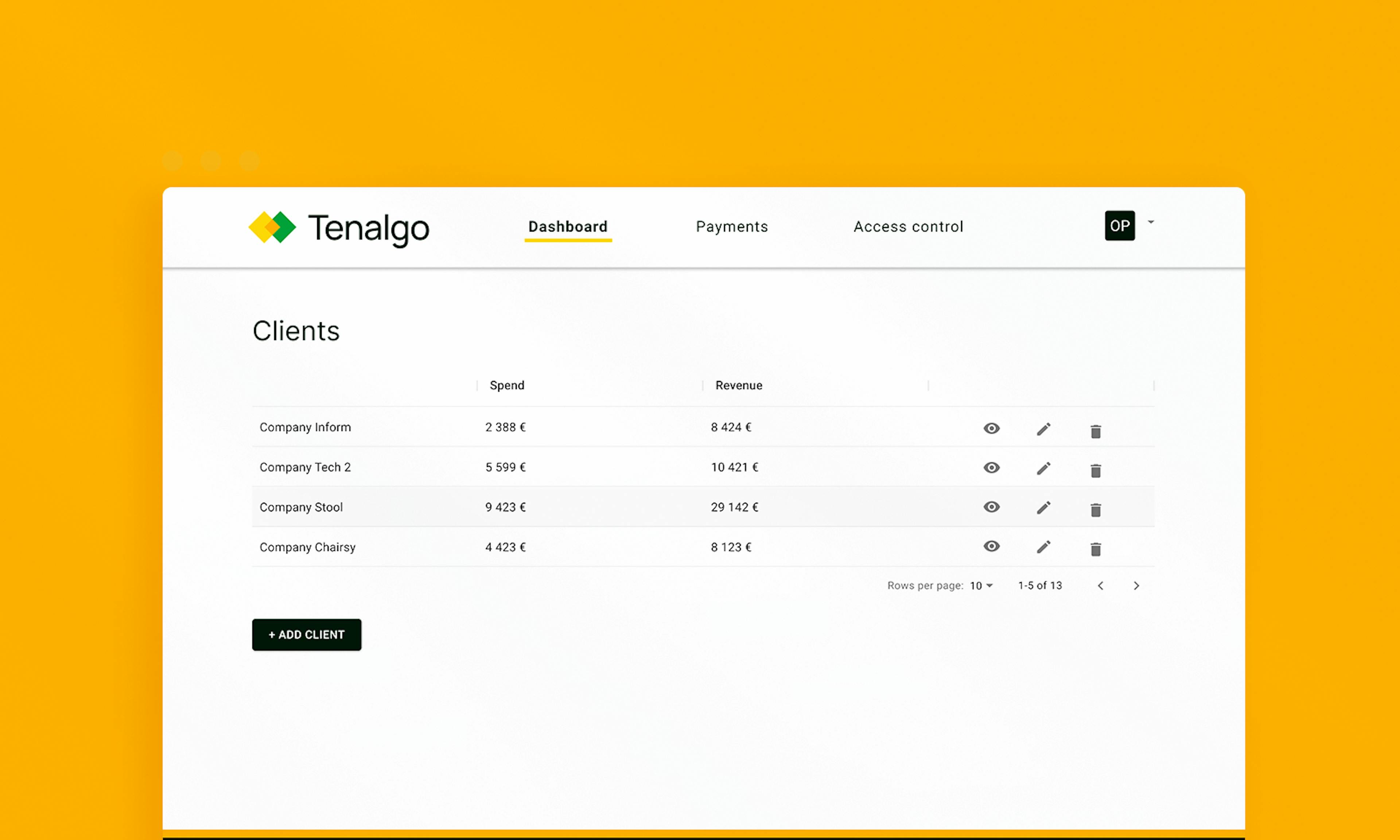 Tenalgo app clients section