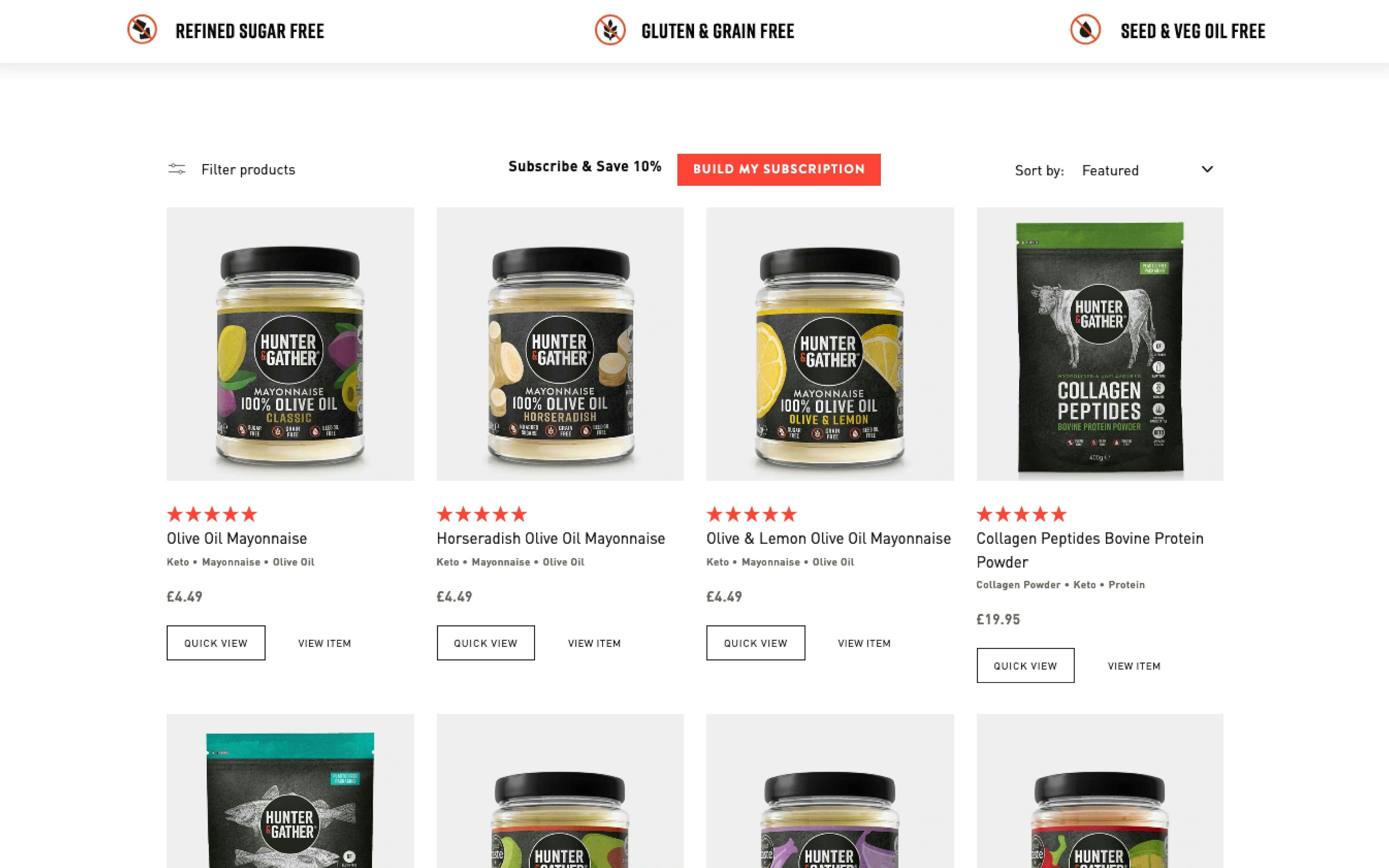 Screenshot showing a gallery of products on the Hunter & Gather website, designed by Noughts & Ones 