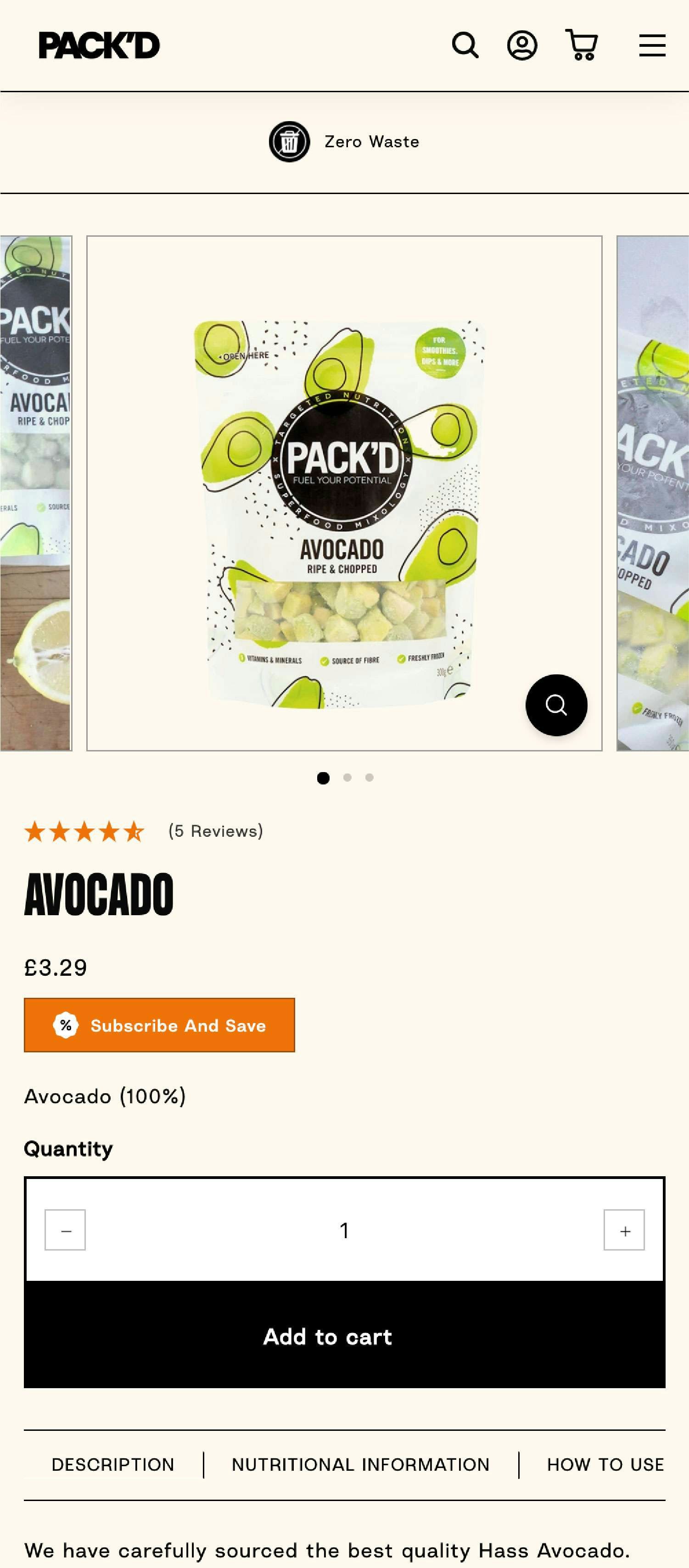 Screenshot of the Pack'd site on mobile showing their frozen avocado, designed by Noughts & Ones
