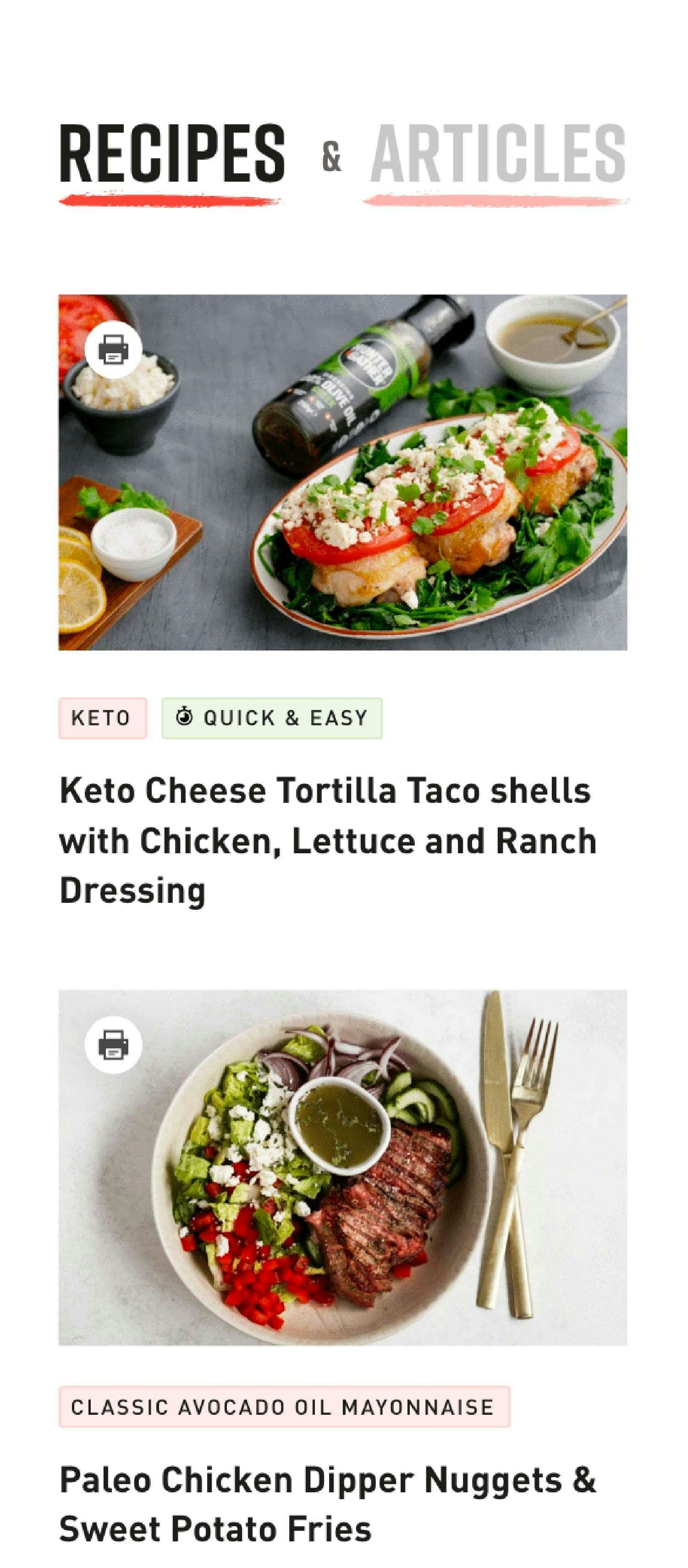 Screenshot of a recipes page on the Hunter & Gather mobile website, designed by Noughts & Ones