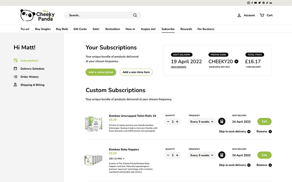 Screenshot of the Cheeky Panda subscriptions page, created by Noughts & Ones.