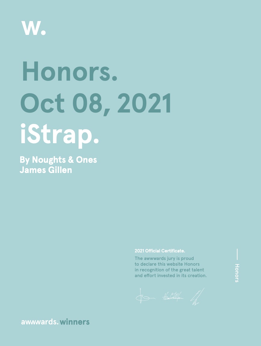 Awwwards Honourable Mention award for iStrap by Noughts & Ones 