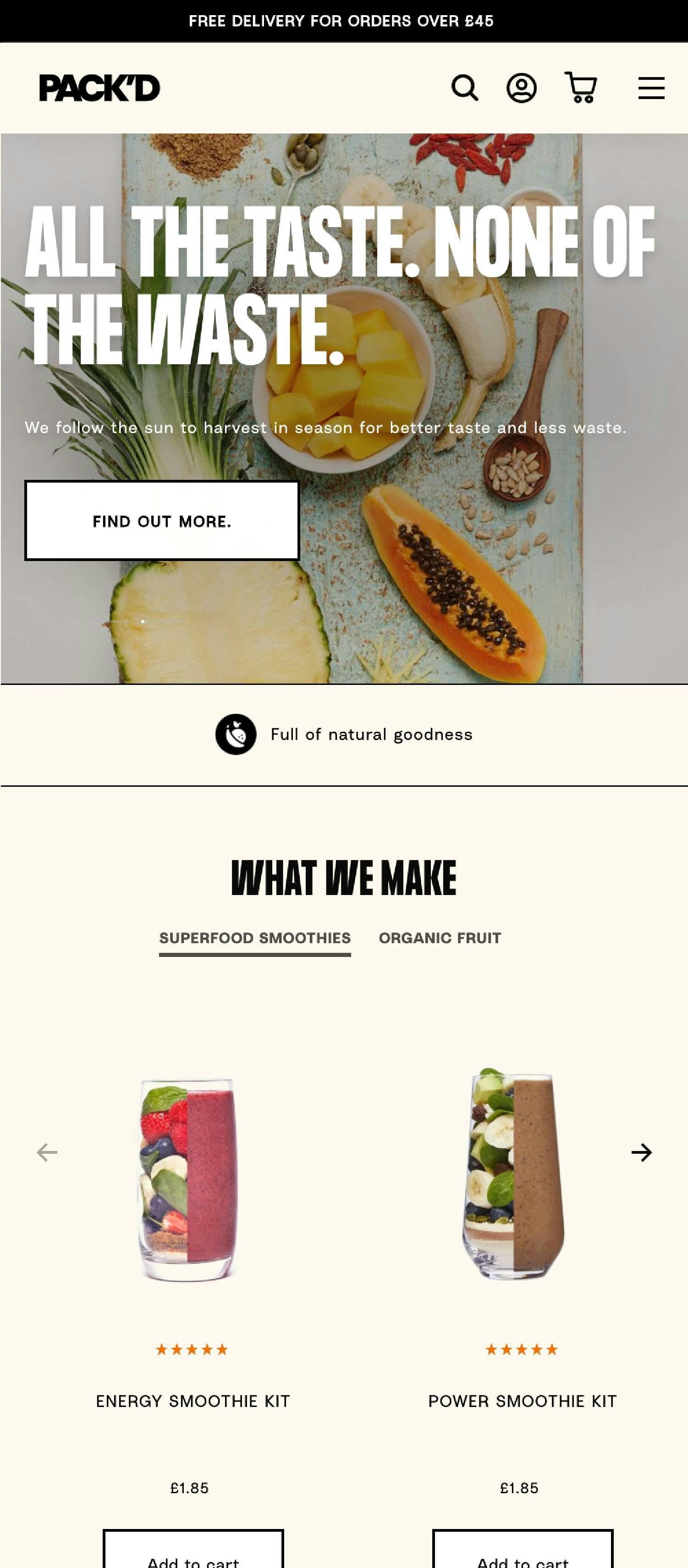 Screenshot of the Pack'd site on mobile, designed by Noughts & Ones