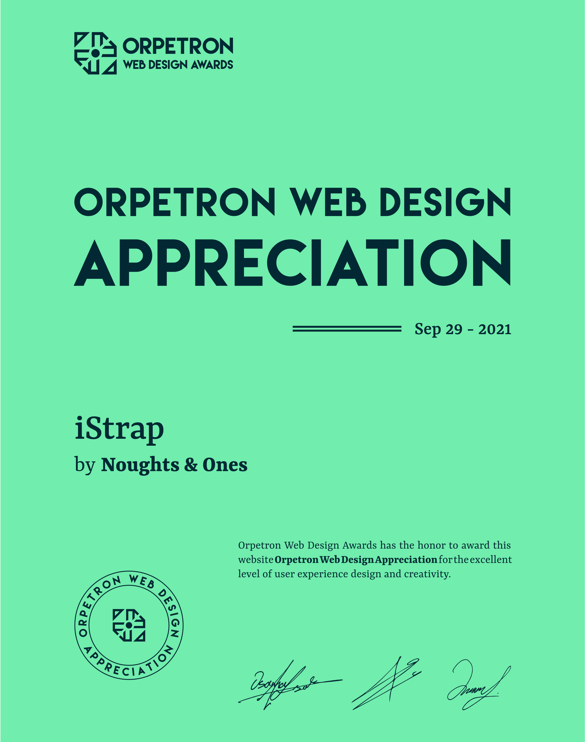 Orpetron Web Design Appreciation Award for iStrap by Noughts & Ones