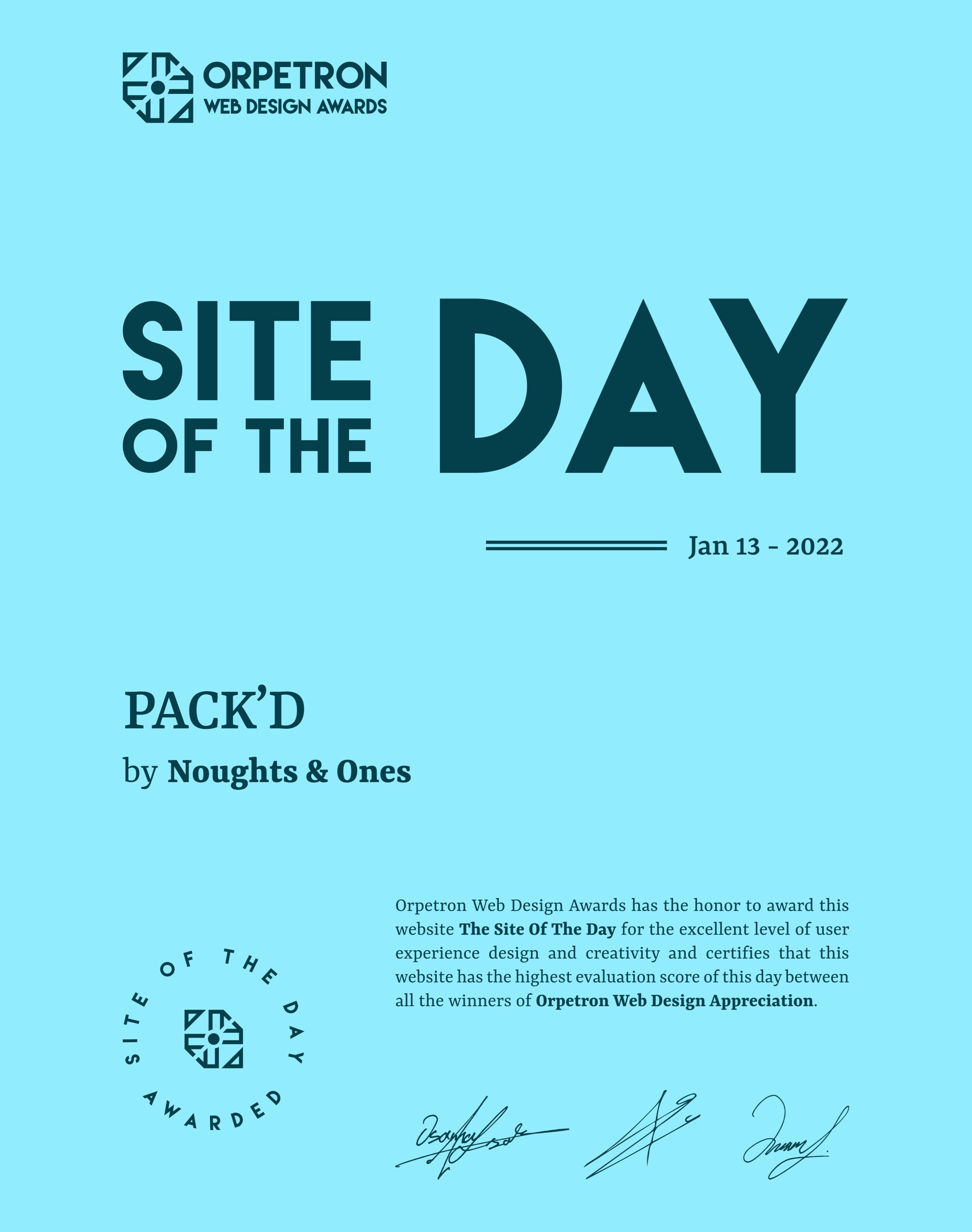 Orpetron site of the day award for Pack'd by Noughts & Ones