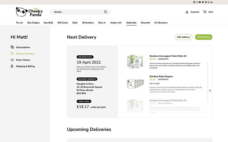 Screenshot of The Cheeky Panda 'e next delivery' desktop page, created by Noughts & Ones.