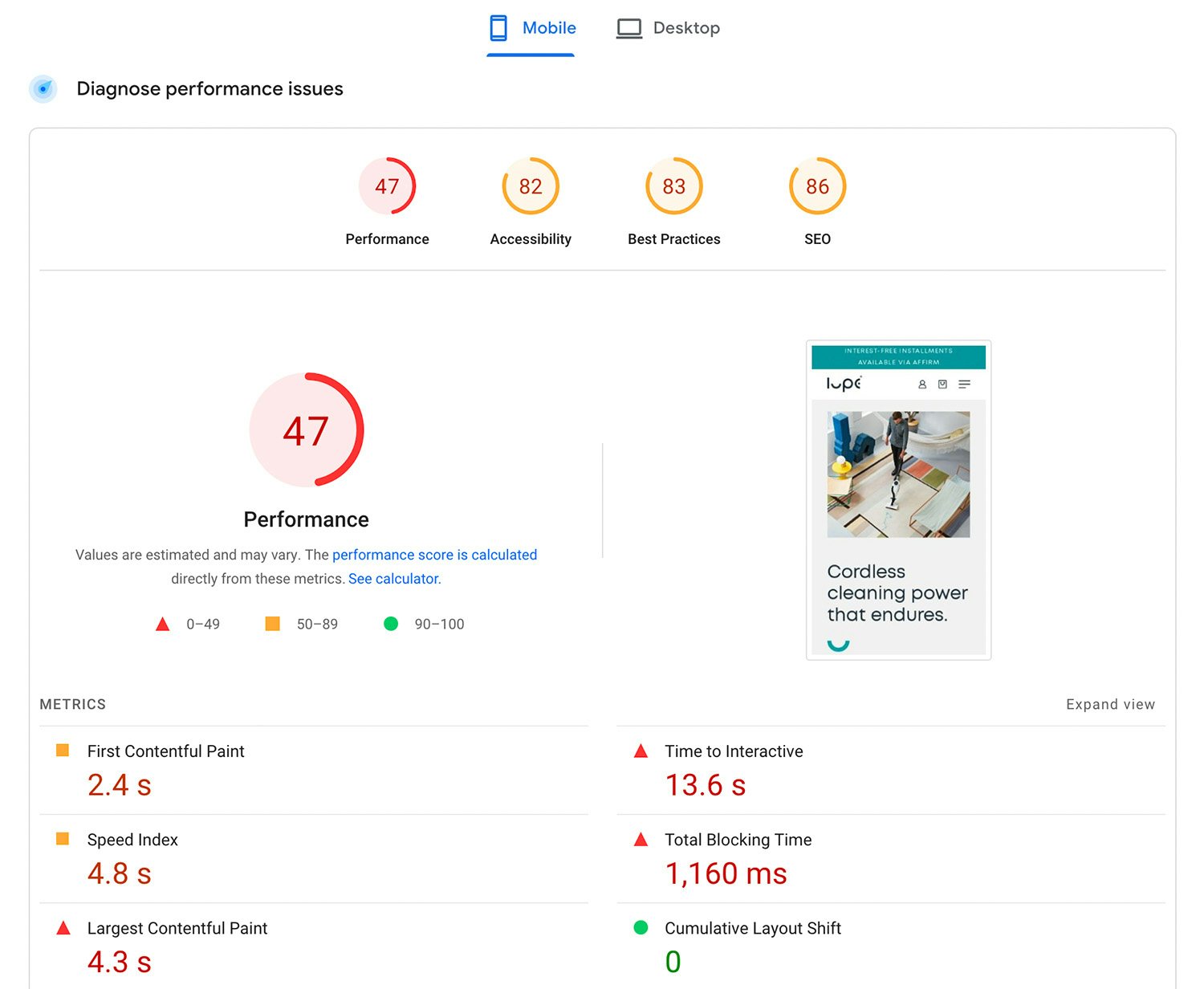 Lupe Technology PageSpeed Insights Score