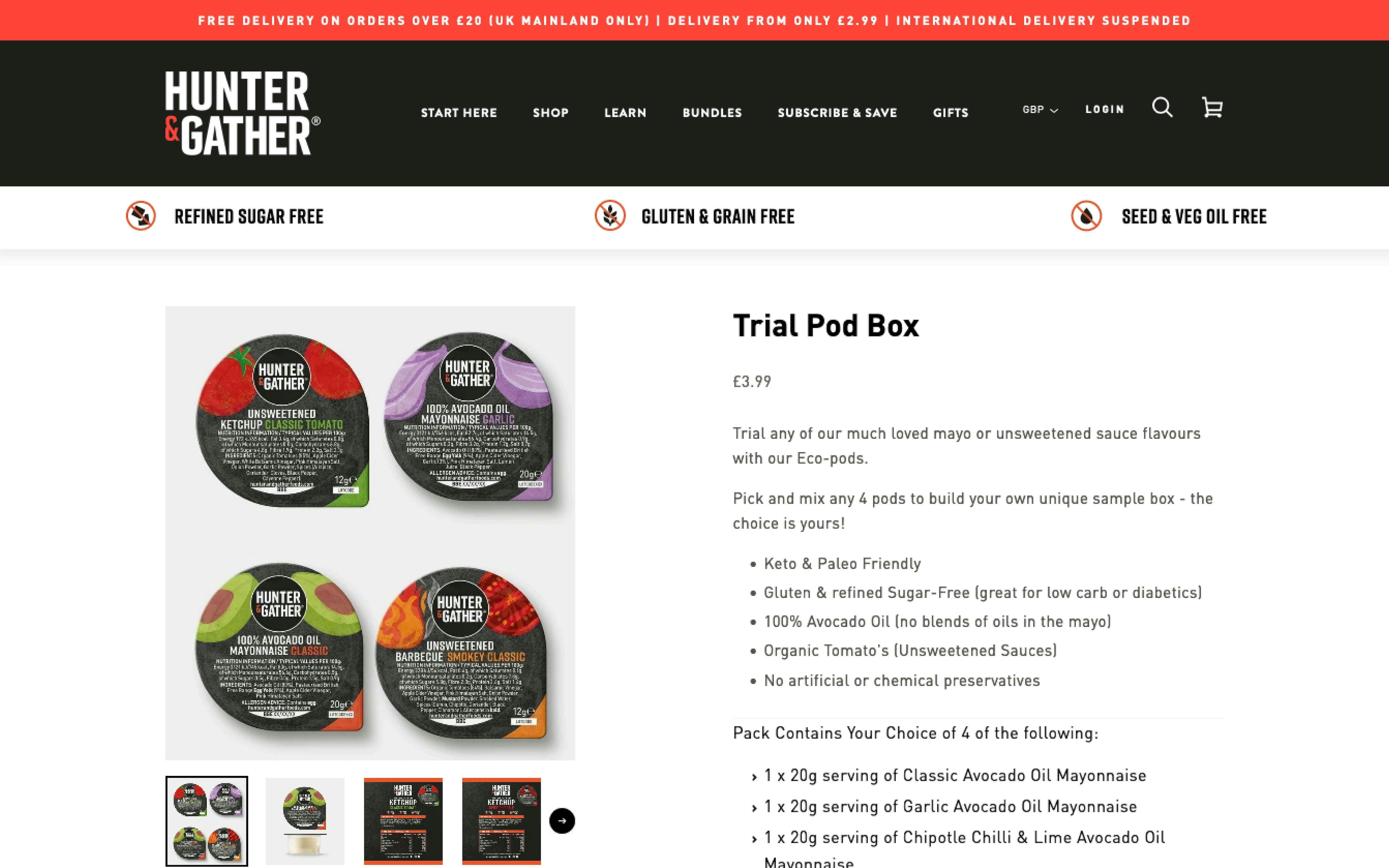 Screenshot showing a web page for Hunter & Gather, designed by Noughts & Ones
