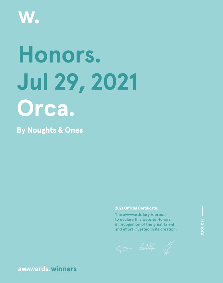 Awwwards Honorable Mention Award for Orca by Noughts & Ones