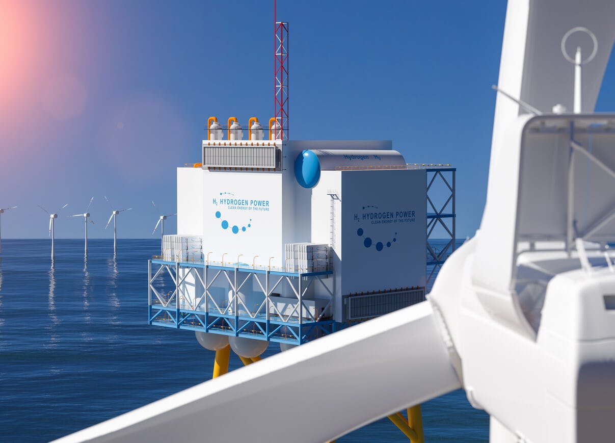 Produção de energia offshore renovável a hidrogênio - gás hidrogênio h2 para instalações solares e eólicas de eletricidade limpa