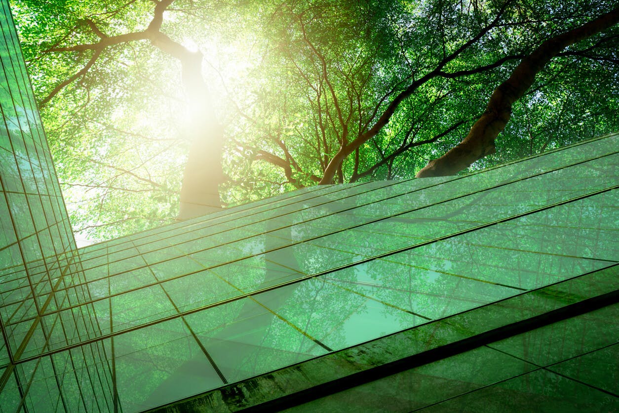 Escritório com ambiente verde, construção corporativa reduz o CO2 passando a ideia de descarbonizarão da economia