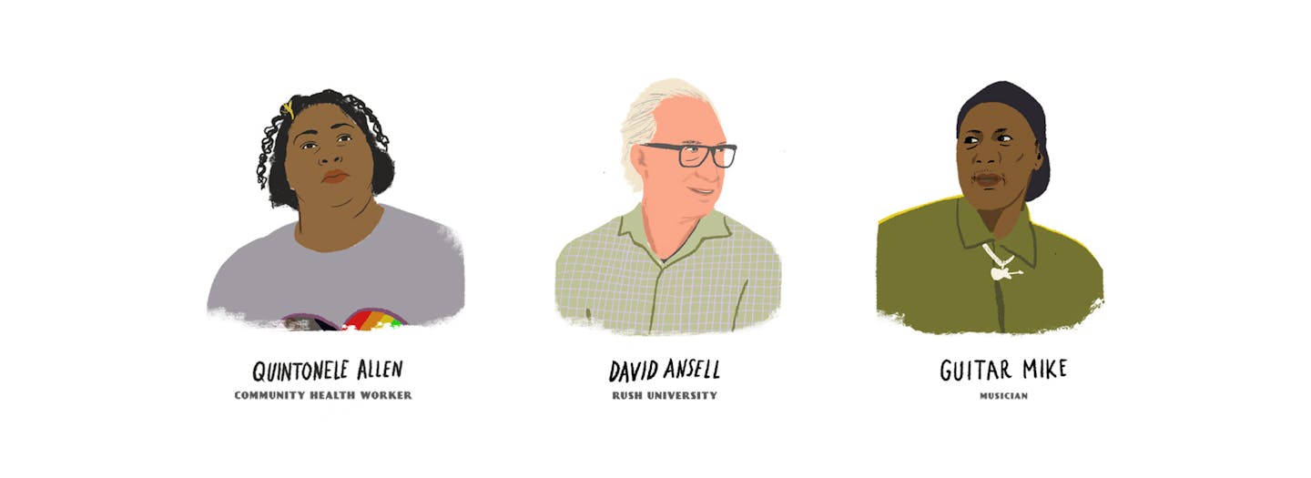 Illustrated portraits Quintonele Allen, David Ansell and Guitar Mike.
