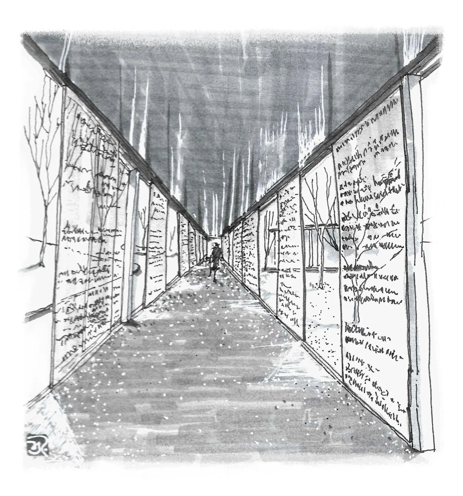 Sketch of a glass hallway at the Novartis Campus.