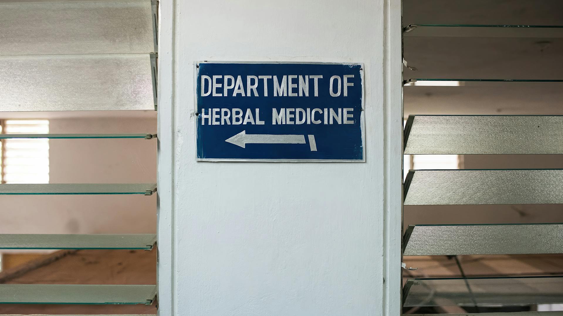 Schild mit der Aufschrift ‚Department of Herbal Medicine‘ an der Universität für Wissenschaft und Technologie in Kumasi.