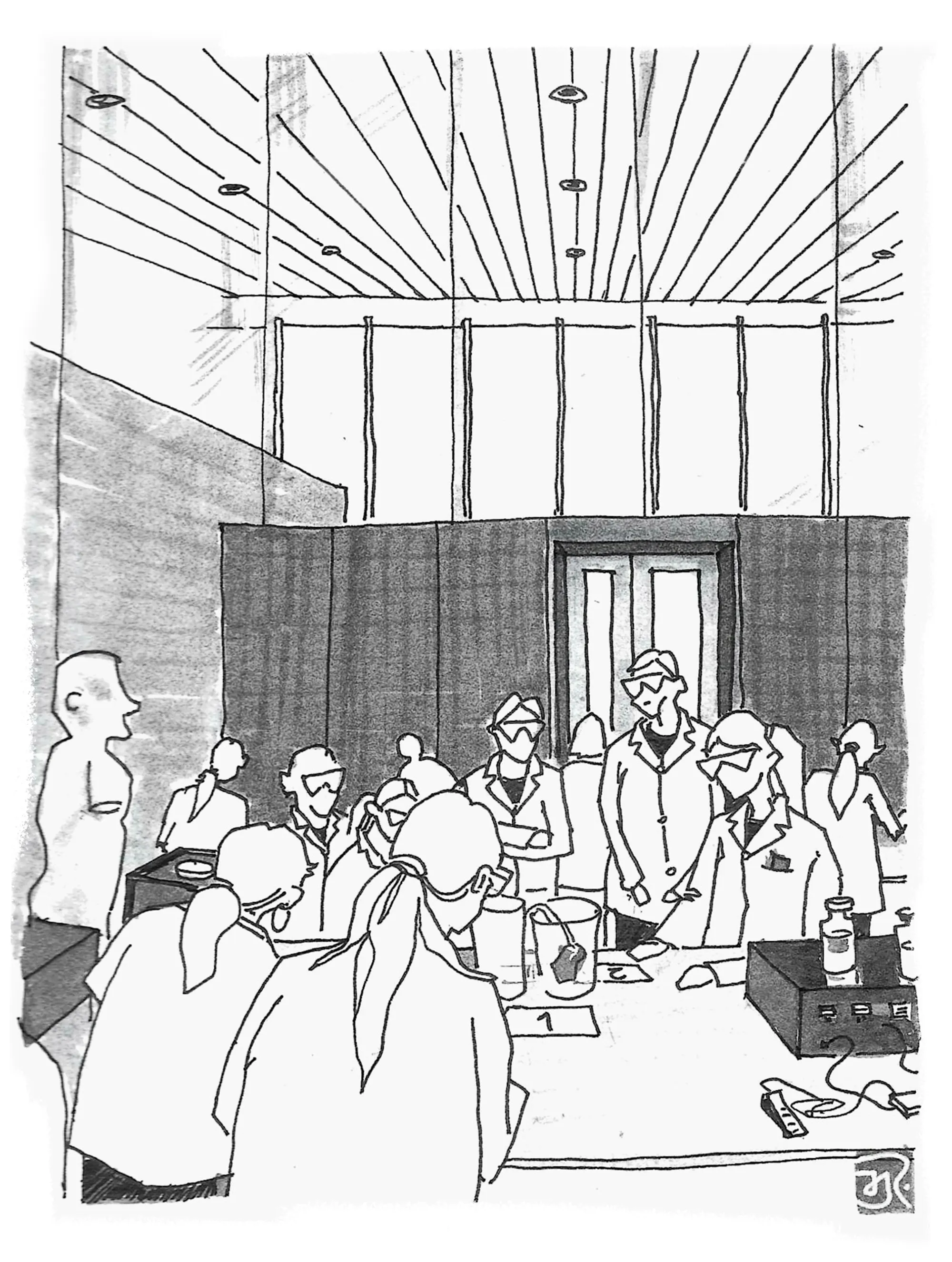 Sketch of people at the Novartis Campus exhibition.