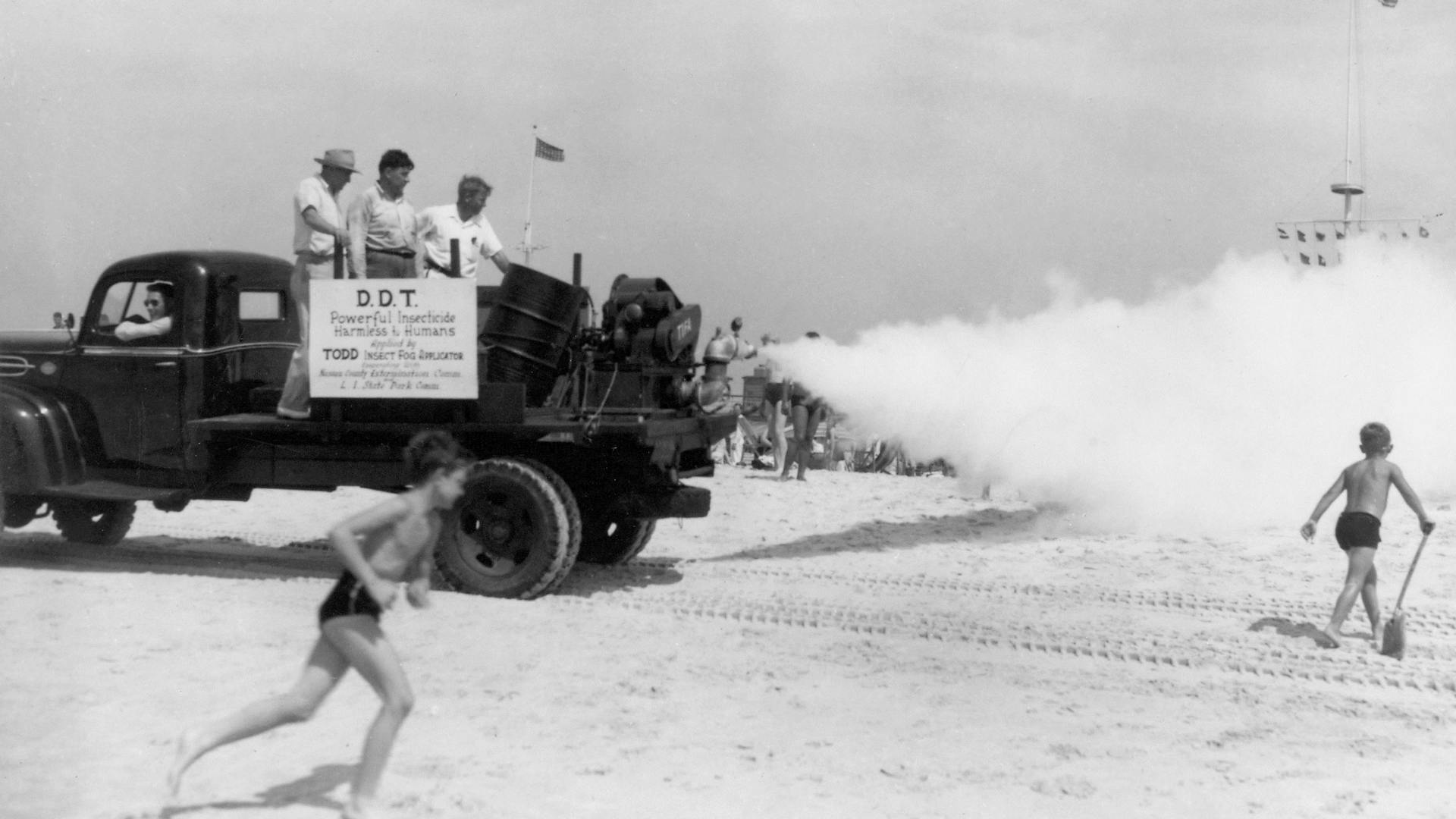 Schwarz-weiss-Aufnahme von ca. 1970. Ein mit einer Sprühvorrichtung ausgestattetes Fahrzeug versprüht an einem Strand DDT. Badegäste laufen umher.
