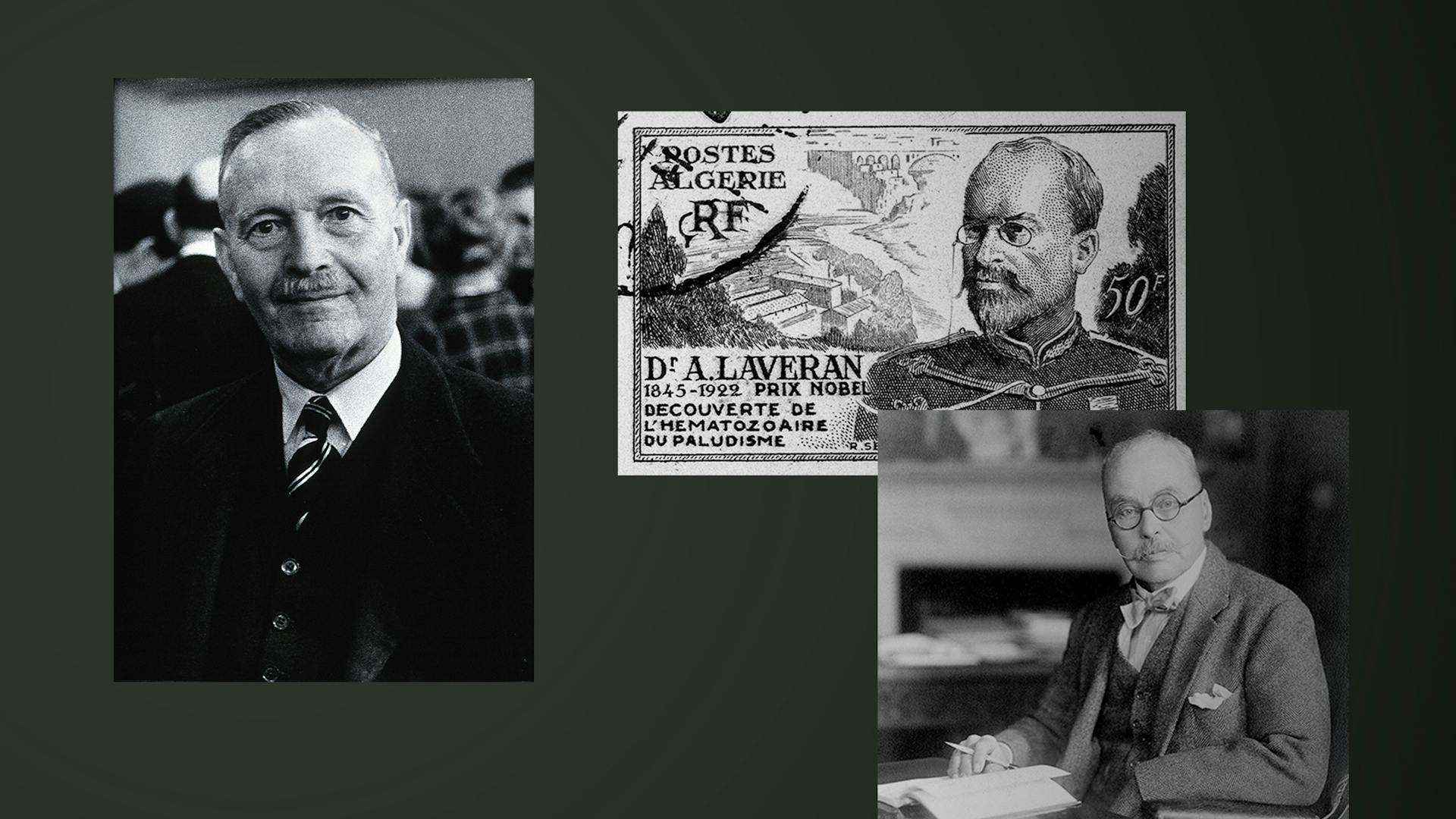 Collage von alten Bildern, die die Forscher Charles Louis Alphonse Laveran, Ronald Ross und Henry Edward Shortt zeigen.