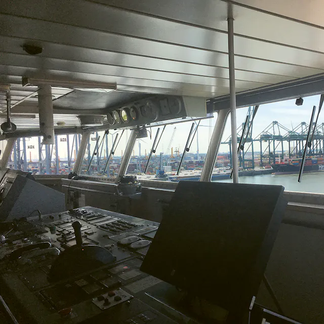  The view from the captain’s deck of the port of Antwerp...
