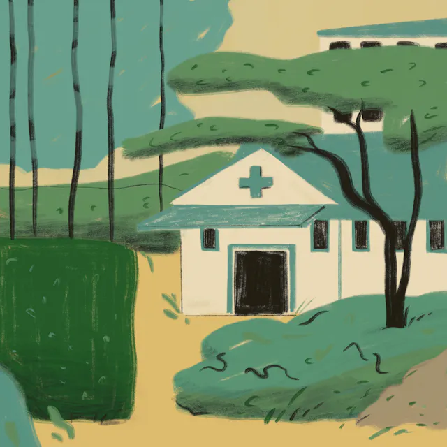 Illustration of a rural hospital.