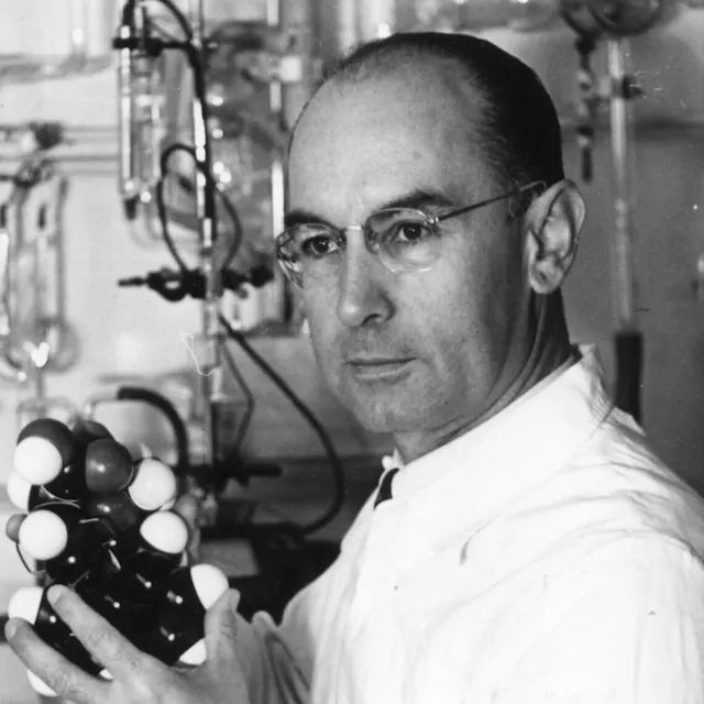 Albert Hofmann with a molecular model of LSD, 1940.