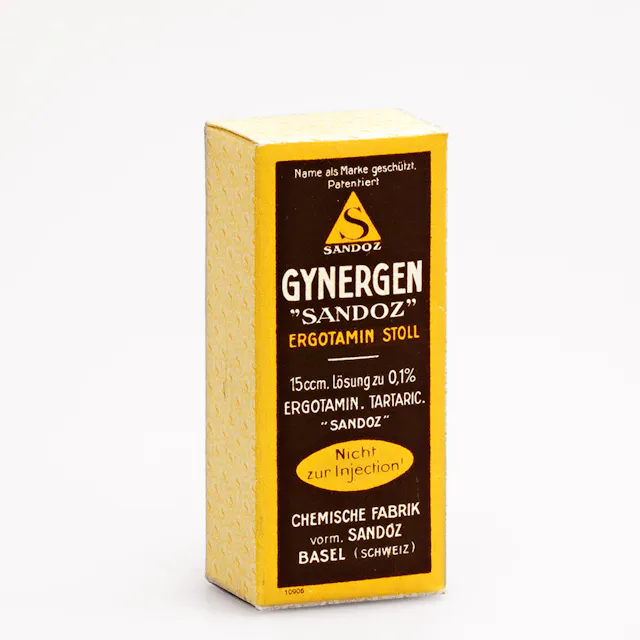 Packaging for the first pharmaceutical product from Sandoz, Gynergen (picture from the 1930s). The pure active substance ergotamine was first isolated from the sclerotium of the ergot fungus in 1918 and forms the basis for Gynergen, a medication used in childbirth and to reduce postpartum bleeding.