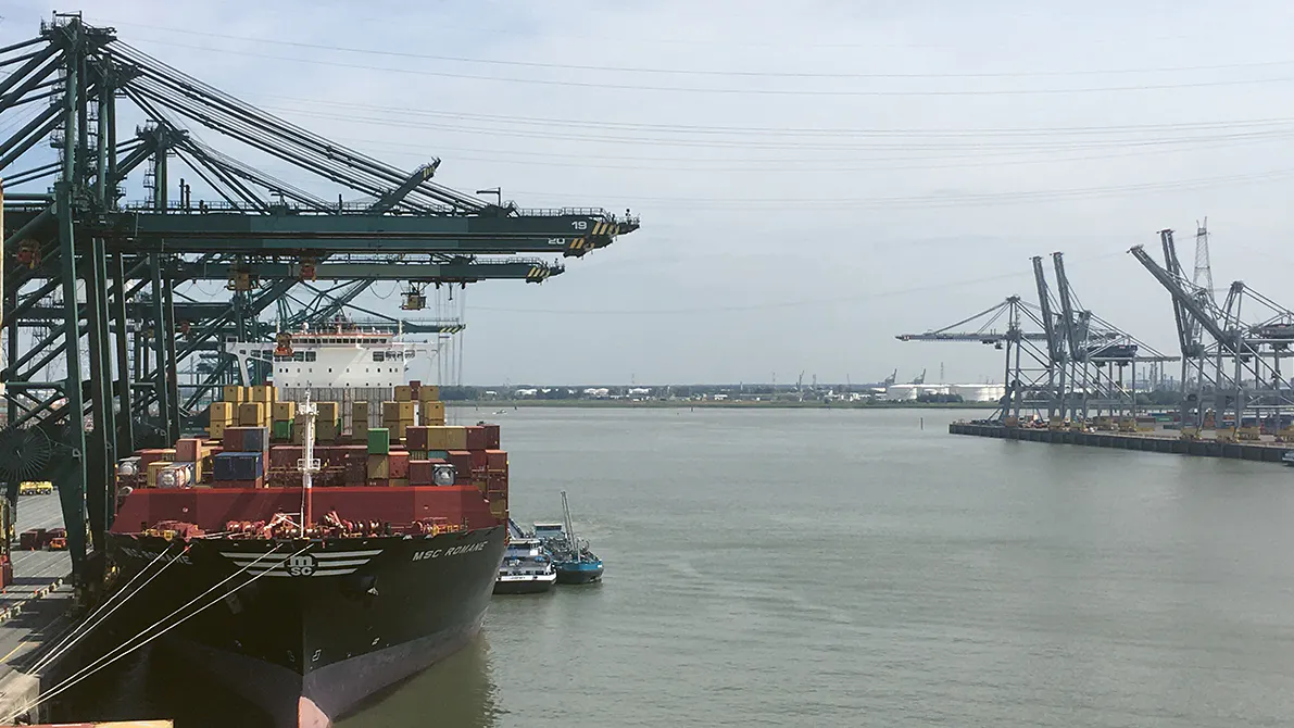 A container ship during the loading process in the port of Antwerp in Belgium.