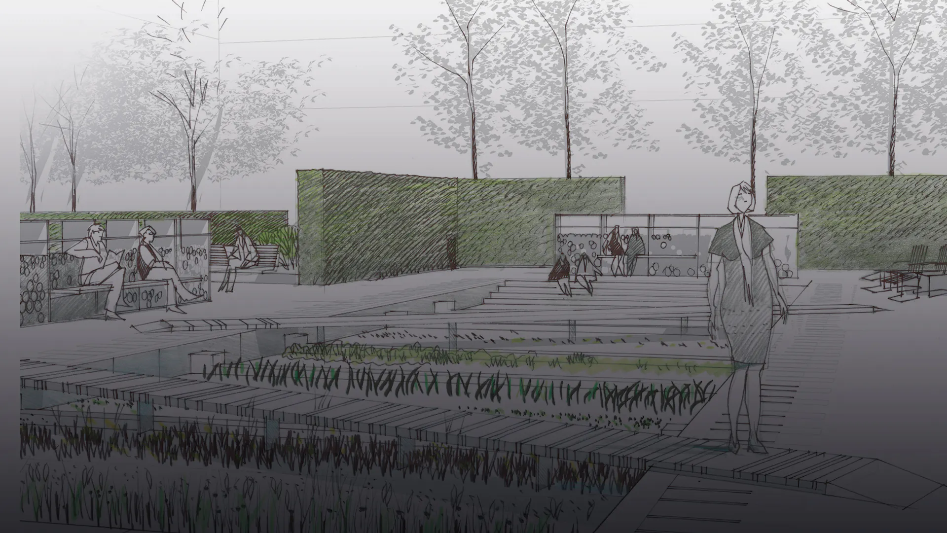 The sketch by Thorbjoern Andersson shows the southern part of the park that  was opened in 2012 as the Physic Garden.