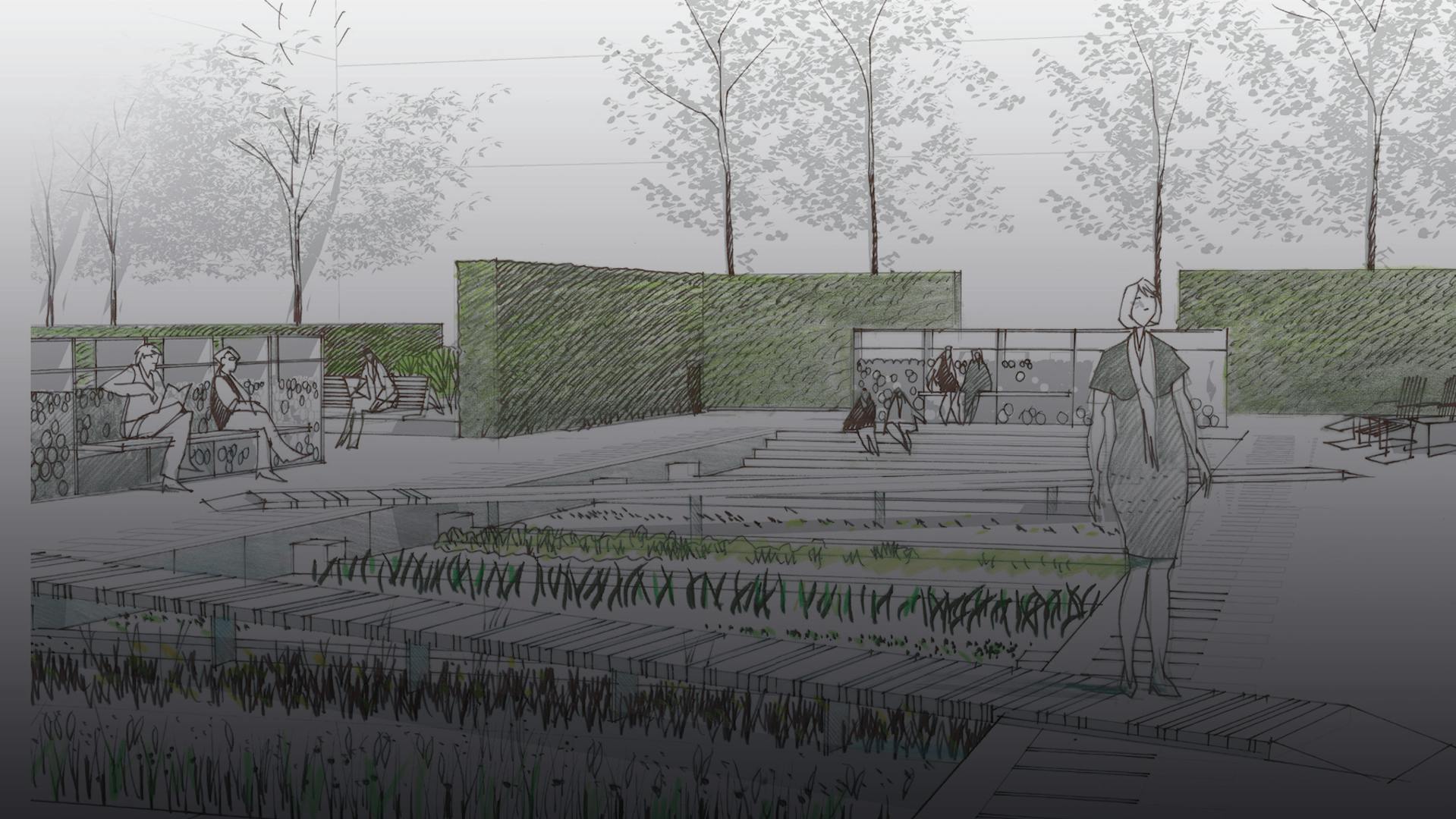 The sketch by Thorbjoern Andersson shows the southern part of the park that was opened in 2012 as the Physic Garden.
