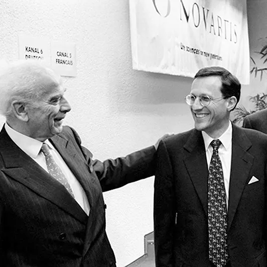 Marc Moret, Daniel Vasella and Alex Krauer at the press conference on March 7, 1996, when the merger of Ciba and Sandoz was announced.