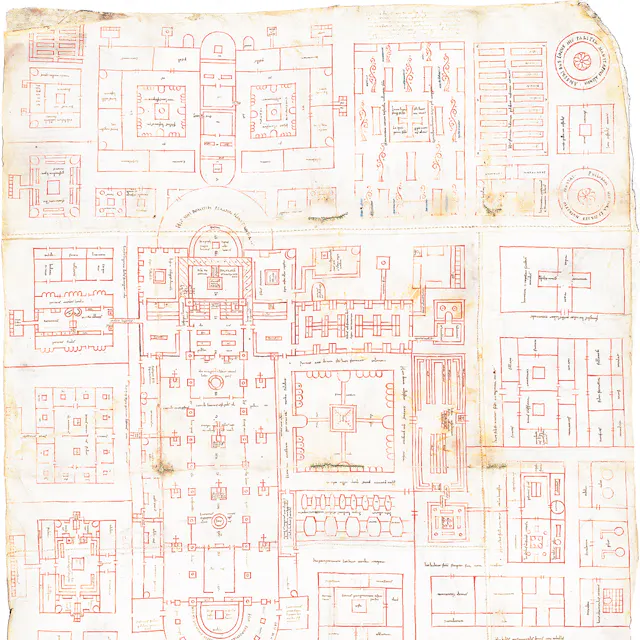 Monastery plan, overall view. St-Gallen Abbey Library, Manuscript no. 1092. Parchment – 112 x 77.5 cm – Reichenau – in the year 819 or 826/830. The highlighted areas show the four gardens: 1. Herb garden. 2. Vegetable garden. 3. Fruit garden on monks’ cemetery. 4. Cloister garden.
